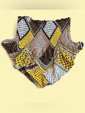 New Look Yellow, Brown and White Smocked Strapless Top